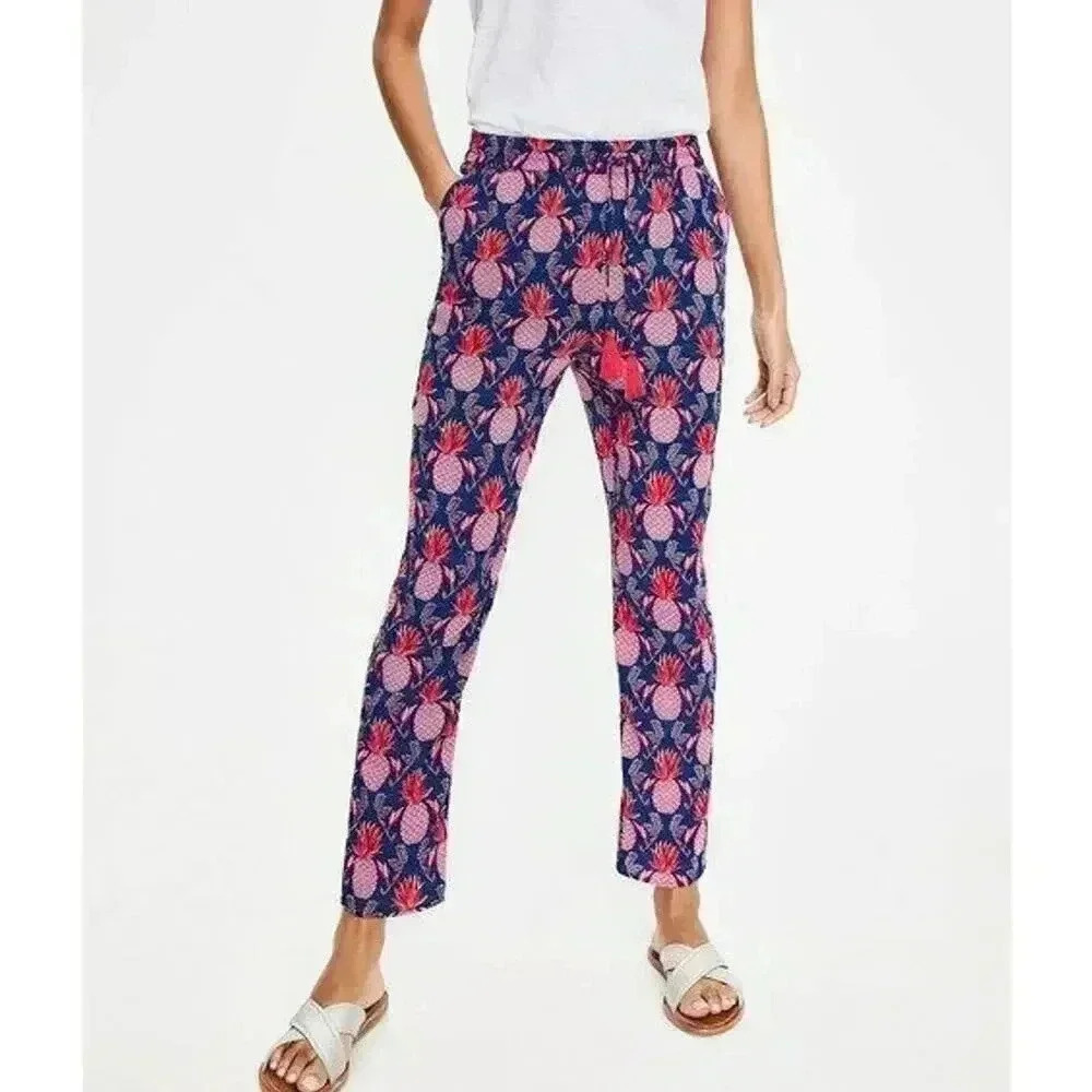 Boden Bembridge Pineapple Print Pants Navy Pink Crinkle Drawstring Petite 8P NWT